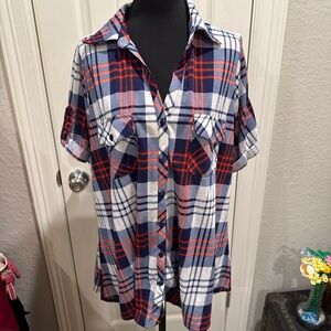 Blue and Red Plaid Shirt with Lace Detail